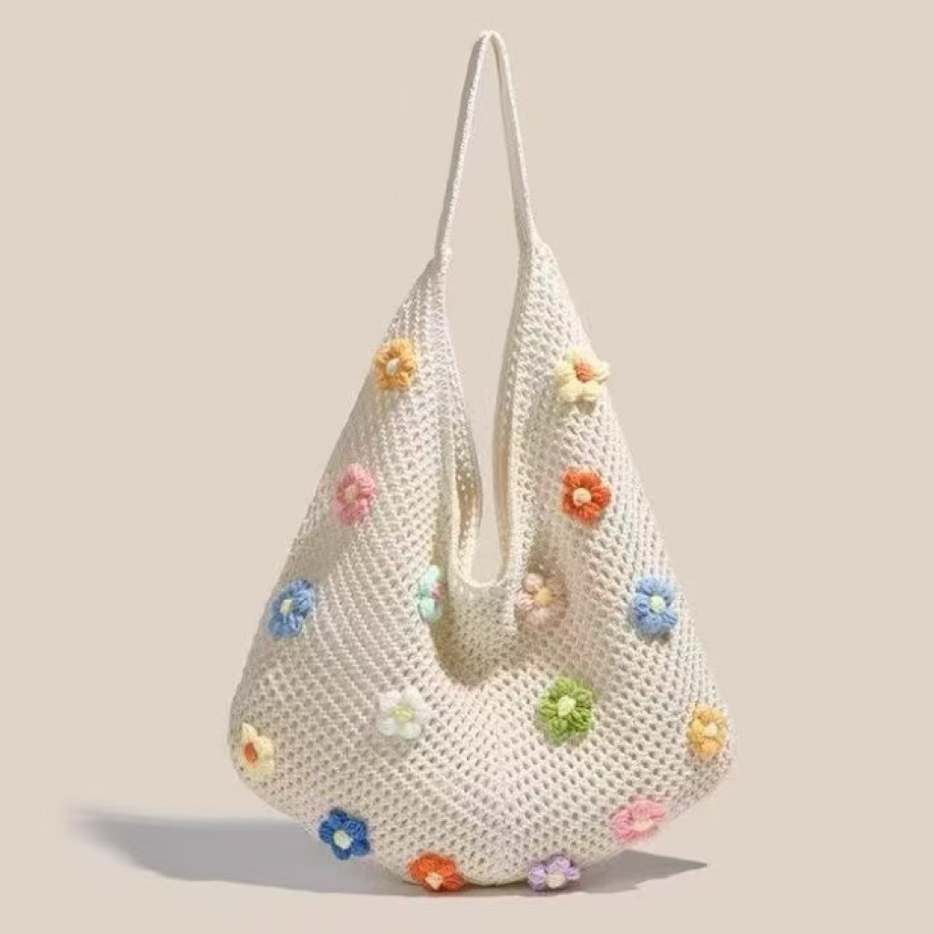 กระเป๋าถักโครเชต์ กระเป๋าเที่ยวทะเล กระเป๋าเดินชายหาด ลายดอกไม้ 15 ดอก