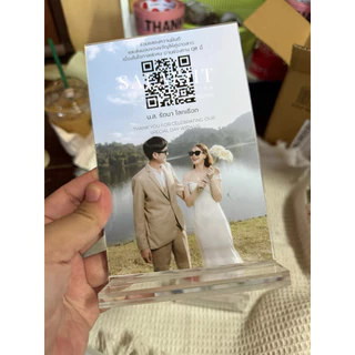 ป้ายสแกนคิวอาร์โค้ดพร้อมที่ตั้งอะคริลิค สองด้าน QR code ขนาด A6 ป้ายสแกนโต๊ะรับซอง ป้ายสแกนงานแต่ง