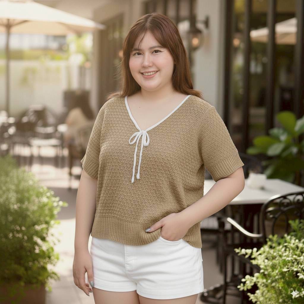 R31 เสื้อไหมพรมลายถักคอวีกุ๊นโบว์ อก42-52นิ้ว เสื้อไหมพรมสาวอวบ