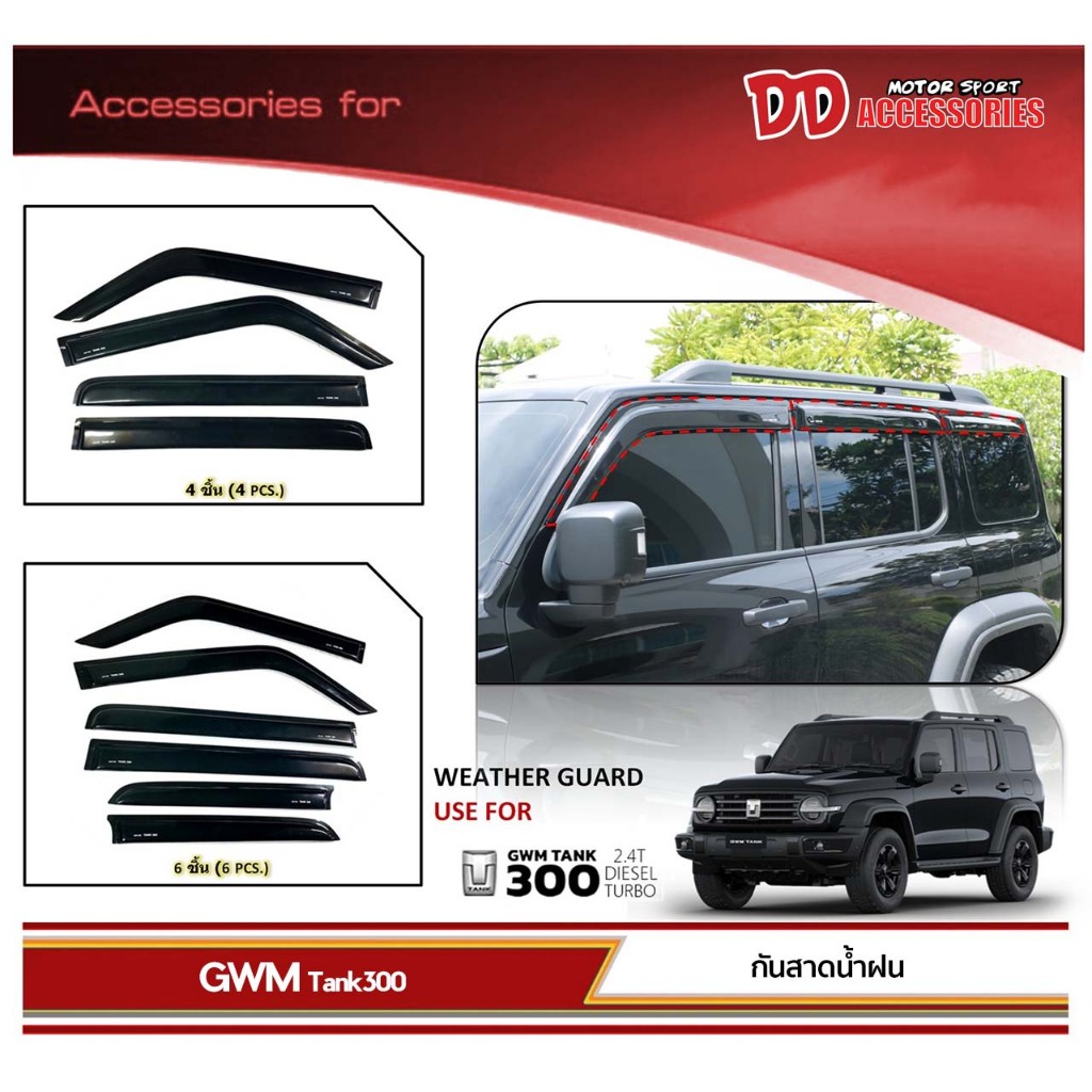 กันสาด กันสาดน้ำฝน Tank 300 2023 2024 2025 สีดำ งานไทย มีแบบ4ชิ้นและ6ชิ้น รุ่นใหม่ล่าสุด (A)