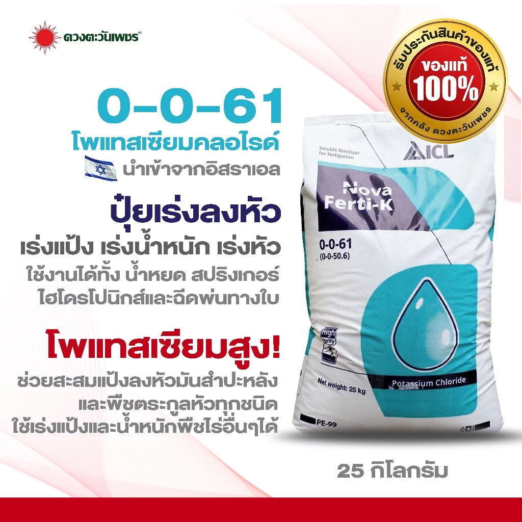 ปุ๋ยเกล็ด 0-0-61 ไฮฟ่า จากอิสราเอล ขนาด 25 กก โพแทสเซียมคลอไรด์ เร่งแป้ง เร่งลงหัว เพิ่่มน้ำหนัก