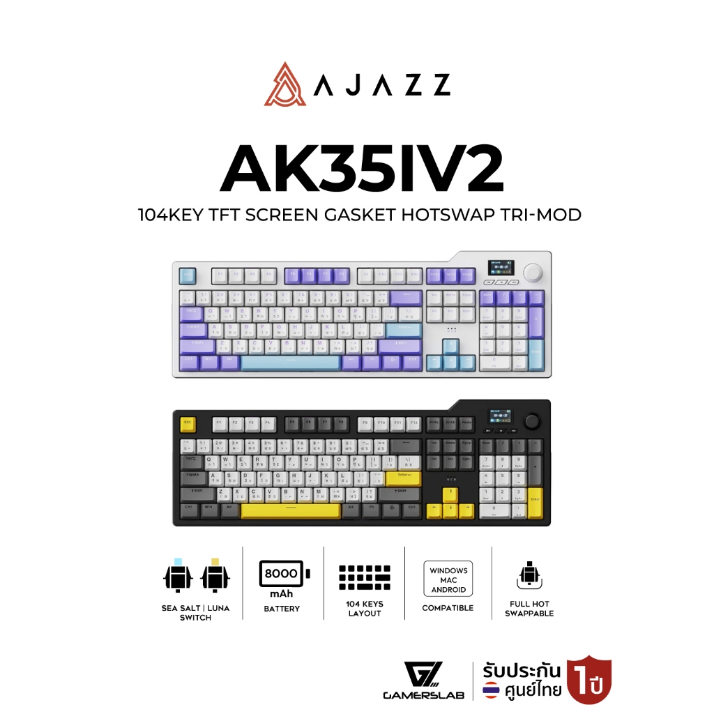คีย์บอร์ดเกมมิ่ง Ajazz AK35IV2 104Key TFT Screen Gasket Hotswap Tri-Mod Mechanical Keyboard