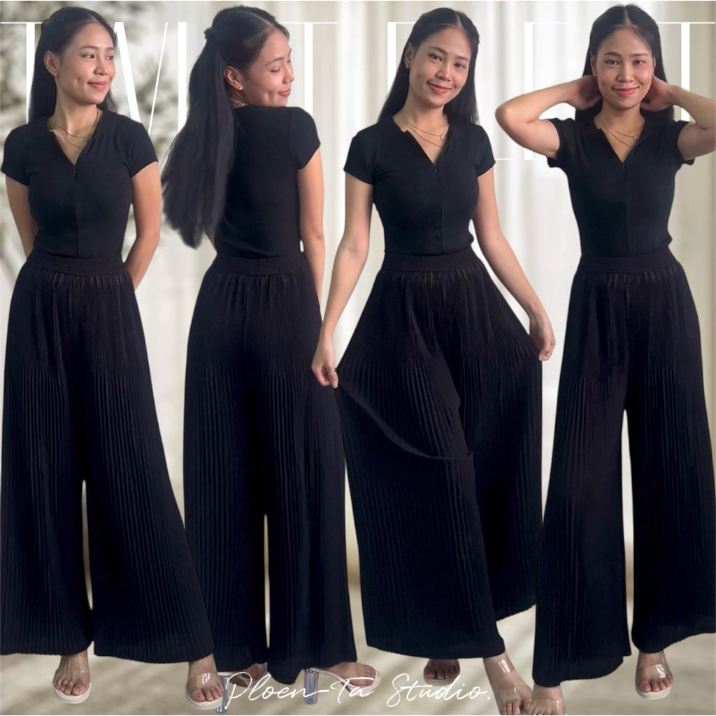 Twist pleat pants 02 กางเกงขายาวทรงกระบอกใหญ่ ผ้าเนื้อทรายอัดพลีทถี่ ฟรีไซส์