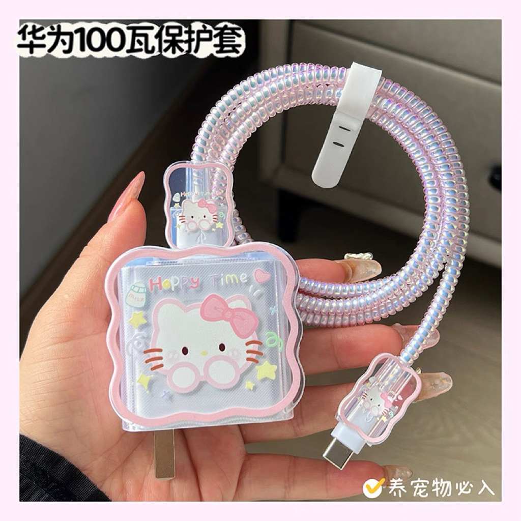 Hello Kitty ที่ชาร์จและสายเคเบิ้ลชุดกล่องม้วน 100W ที่ชาร์จอะแดปเตอร์ป้องกันสำหรับ