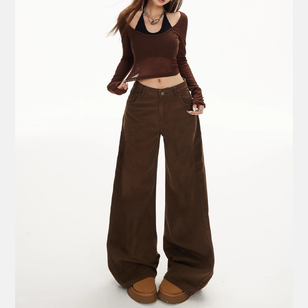 กางเกงยีนส์สำหรับผู้หญิง สีน้ำตาล ผ้าดี ชายสูง แบบพับรอย ทรงบานปลาย ใส่สบาย ผ้าเดนิม ฤดูร้อน - รูปที่ 4