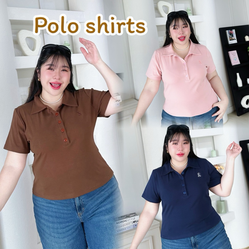 T60 เสื้อโปโลแขนสั้น แต่งปักอก LN ผ้ายืดยูนิ สำหรับสาวอวบ อก36-52