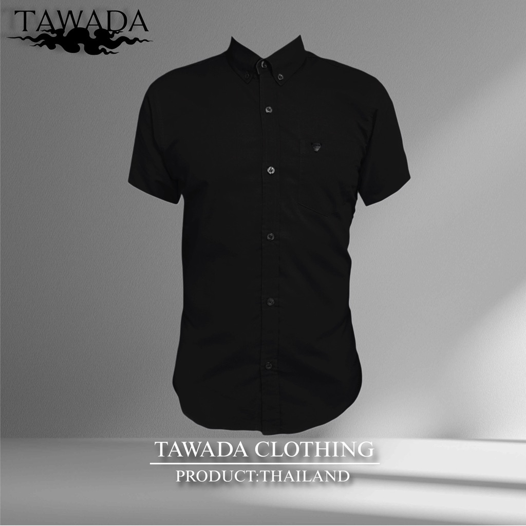 เสื้อเชิ้ตสีดำคอปกแขนสั้นทรง Slimfit ผ้า Oxford Cotton100% แบรนด์ TAWADA รุ่น T012-SDS