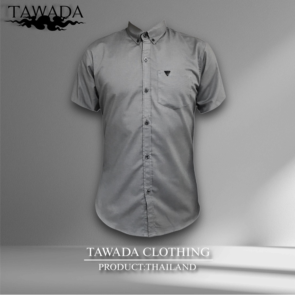 เสื้อเชิ้ตสีเทาเข้มคอปกแขนสั้นทรง Slimfit ผ้า Oxford Cotton100% แบรนด์ TAWADA รุ่น T022-SDS