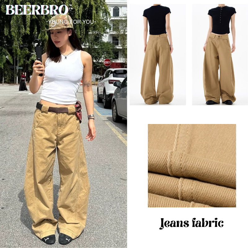 beerbroth-กางเกงยีนส์ผู้ชายขากว้าง สีกากี วินเทจ ขายาวทรงหลวม นิ่มใส่สบาย แฟชั่นสไตล์อเมริกันย้อนยุค baggy jeans สีสวย