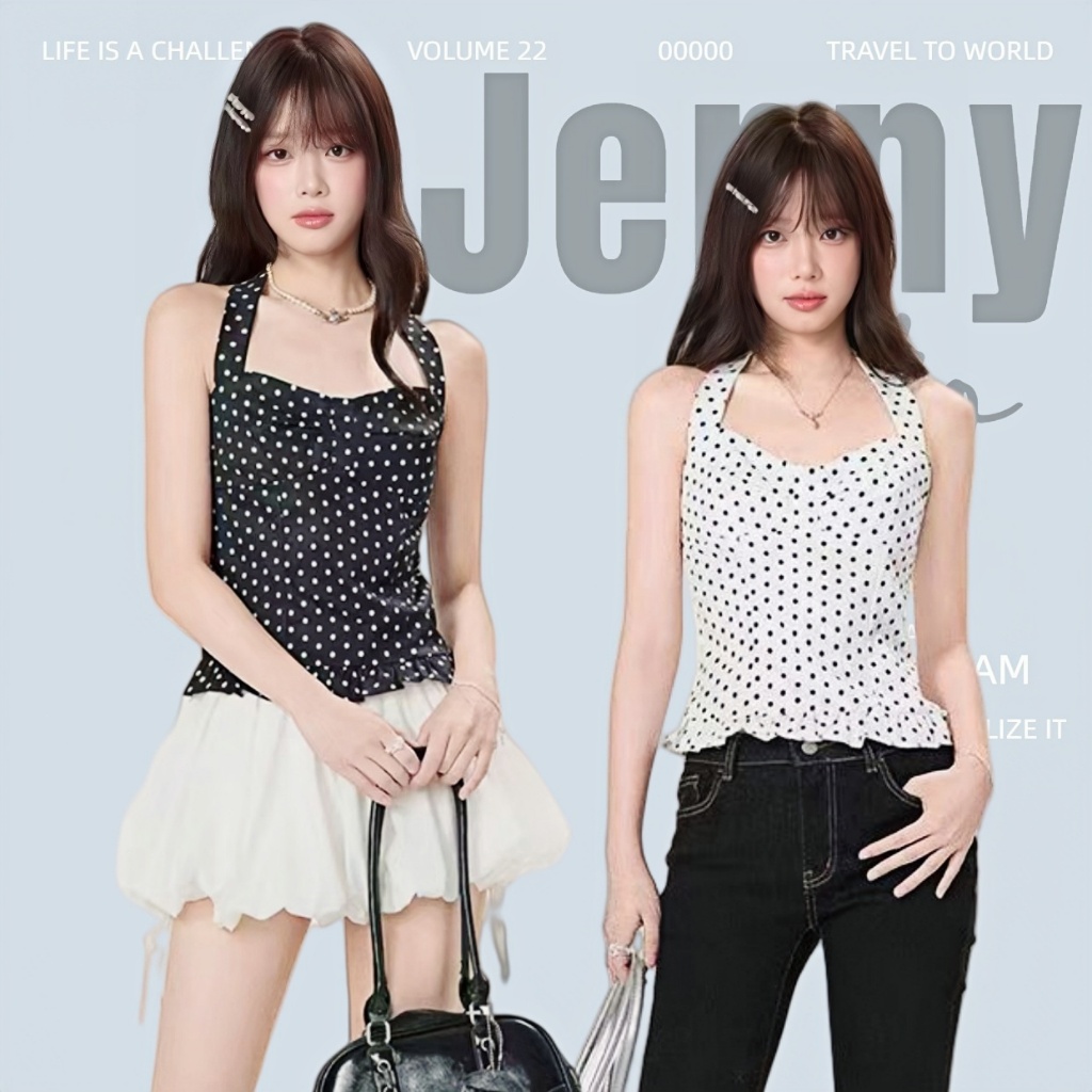 Jenny พร้อมส่ง🫦 เสื้อคล้องคอ ลายจุดหลากหลาย ผูกโบว์หลัง แต่งปลายระบาย สำหรับหรับผู้หญิ น่ารักมาก ทรงสวยสุดๆ แขนกุดคอวี