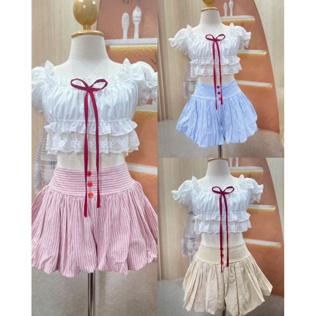 💰MahahengCloset💰กางเกงขาสั้นทรงบอลลูน ลายริ้ว หวานละมุนใส่สบายทุกโอกาส