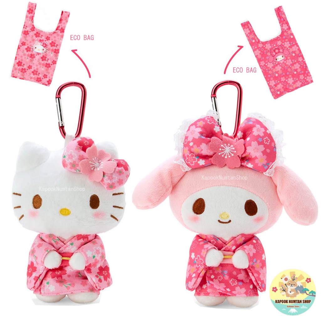 พร้อมส่ง ตุ๊กตาพวงกุญแจ พร้อมกระเป๋าEco bag kitty Mymelody ของแท้จากญี่ปุ่น