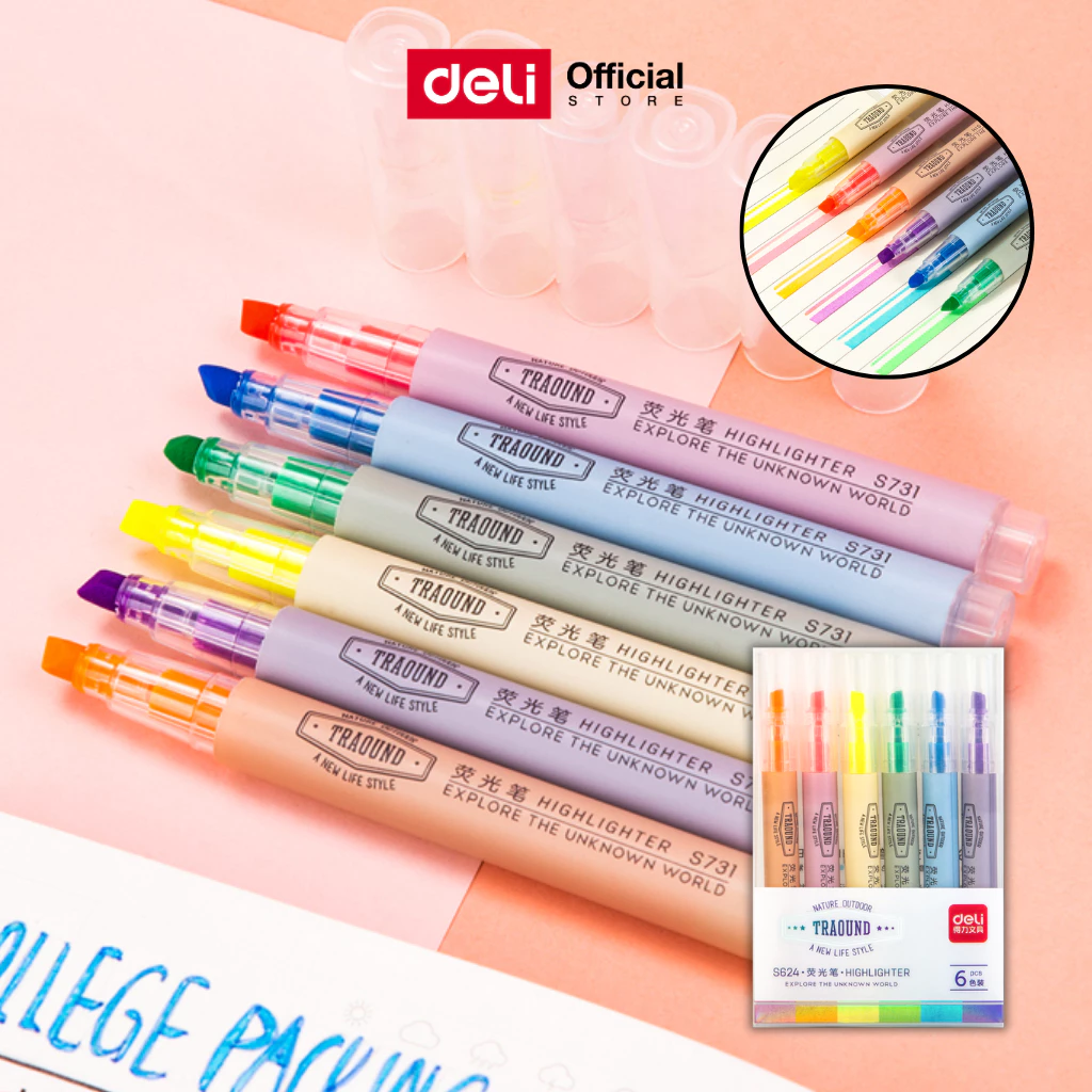 ชุดปากกาไฮไลท์ 6 สี Deli รุ่น S624 สำหรับเน้นข้อความ (จำหน่าย 1 ชุด / 6 สี / 6 ด้าม)