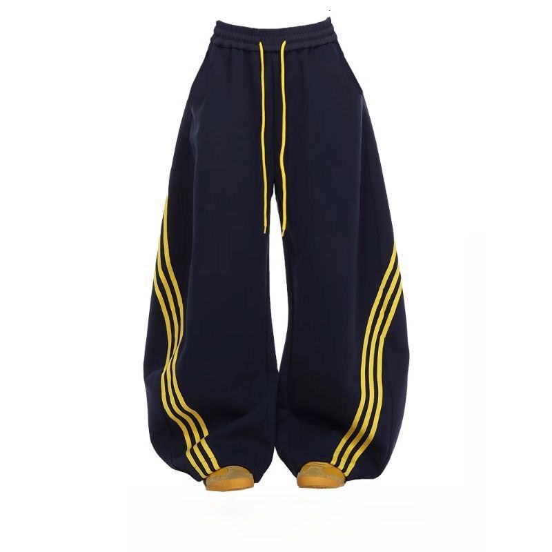 กางเกงสแลคลายทางย้อนยุคสไตล์ญี่ปุ่นสำหรับผู้ชายและผู้หญิง กางเกงสแลคลายทางหลวมๆ ลำลอง