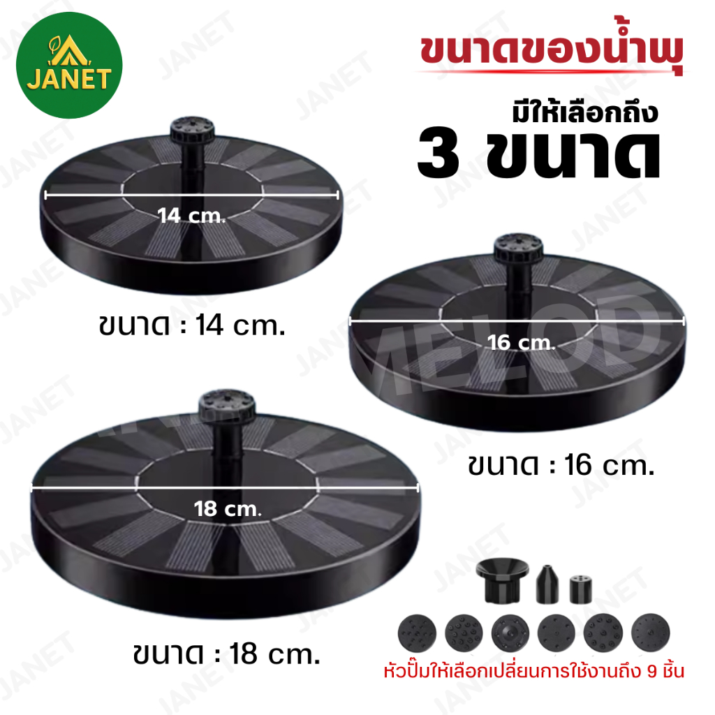 Janet น้ำพุโซล่าเซลล์ น้ำพุพลังเเสงอาทิตย์ 14 , 16 ,18 cm แถมฟรี หัวปั๊ม 6 หัว น้ำพุโซลาเซลล์ น้ำพุ - รูปที่ 4