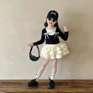 [Namsaii kids] E-016🔥พร้อมส่ง🔥ชุดเซท2ชิ้น ชุดเด็กผู้หญิง เสื้อแต่งโบว์+กระโปรงขาสั้น สไตล์เกาหลี