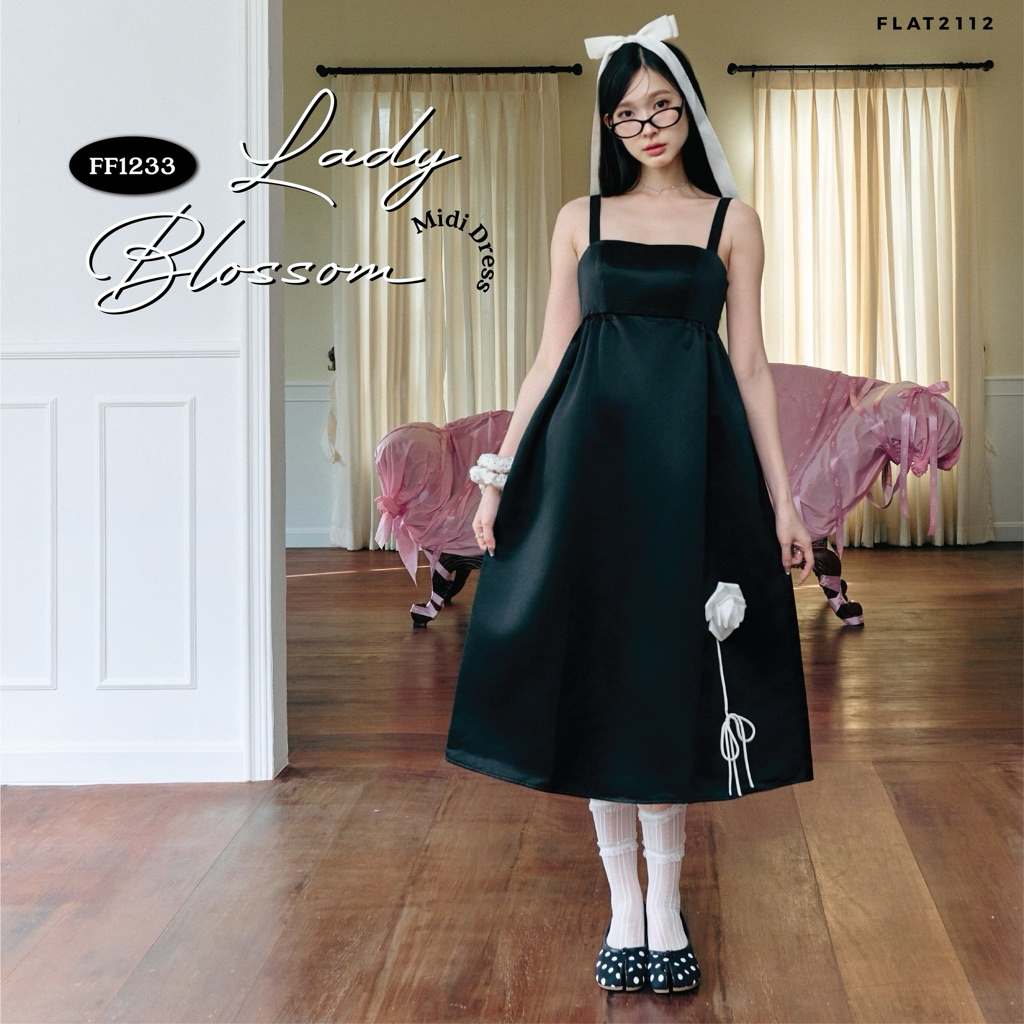 FLAT2112 : LADY BLOSSOM MIDI DRESS เดรสยาวสุดชิค ตัวเดียวครบจบ เดรสออกงานสุดปัง (FF1233)
