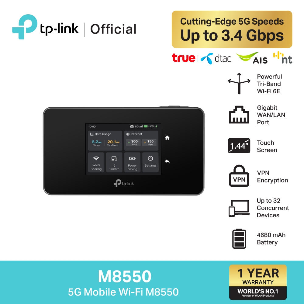TP-Link M8550 พ็อคเก็ตไวไฟ 5G Mobile Wi-Fi เชื่อมต่อพร้อมกันได้ถึง 32 อุปกรณ์ รับประกัน 1 ปี (รองรับการใส่ซิมการ์ด 1ซิม)