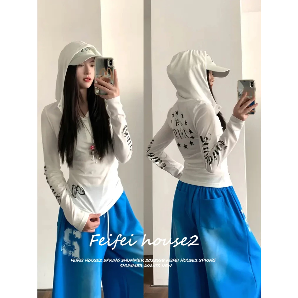 [American street print hooded sports top]เสื้อฮู้ดแขนยาวพิมพ์ลายสไตล์เกาหลีสำหรับผู้หญิงสไตล์สปอร์ต