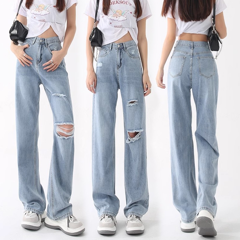 S~5XL Ripped jeans Blue Denim long pants กางเกงยีนส์ขาดสีฟ้าอ่อนไซส์ใหญ่ กางเกงขายาวทรงตรงเอวสูง กางเกงยีนส์ขากว้า HOT