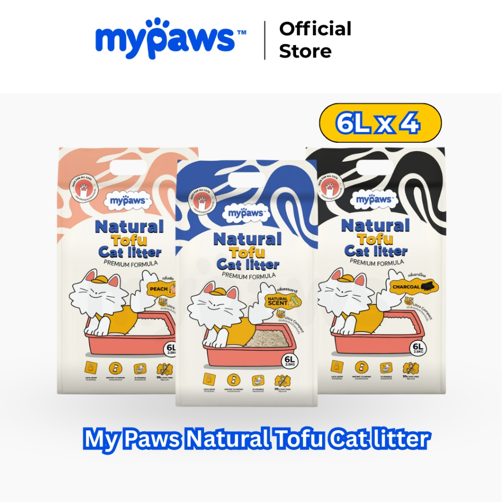 [6L*4ถุง] My Paws ทรายแมวเต้าหู้ Natural Tofu Cat litter จากธรรมชาติ เกรดพรีเมียม ฝุ่นน้อย จับตัวไว ละลายน้ำดี