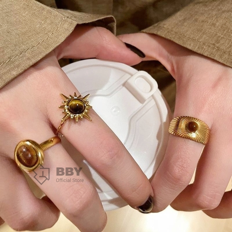 BBY แหวนหินตาเสือ แสงทองเรืองรอง สไตล์ Minimalist ใส่ประจำวัน S345-S347