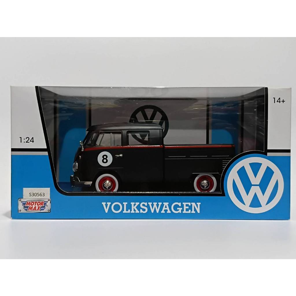 โมเดลรถ Motormax Volkswagon Type 2 (T1) Double Cab Pickup Matte black No.8 scale 1:24 NEW in the pac