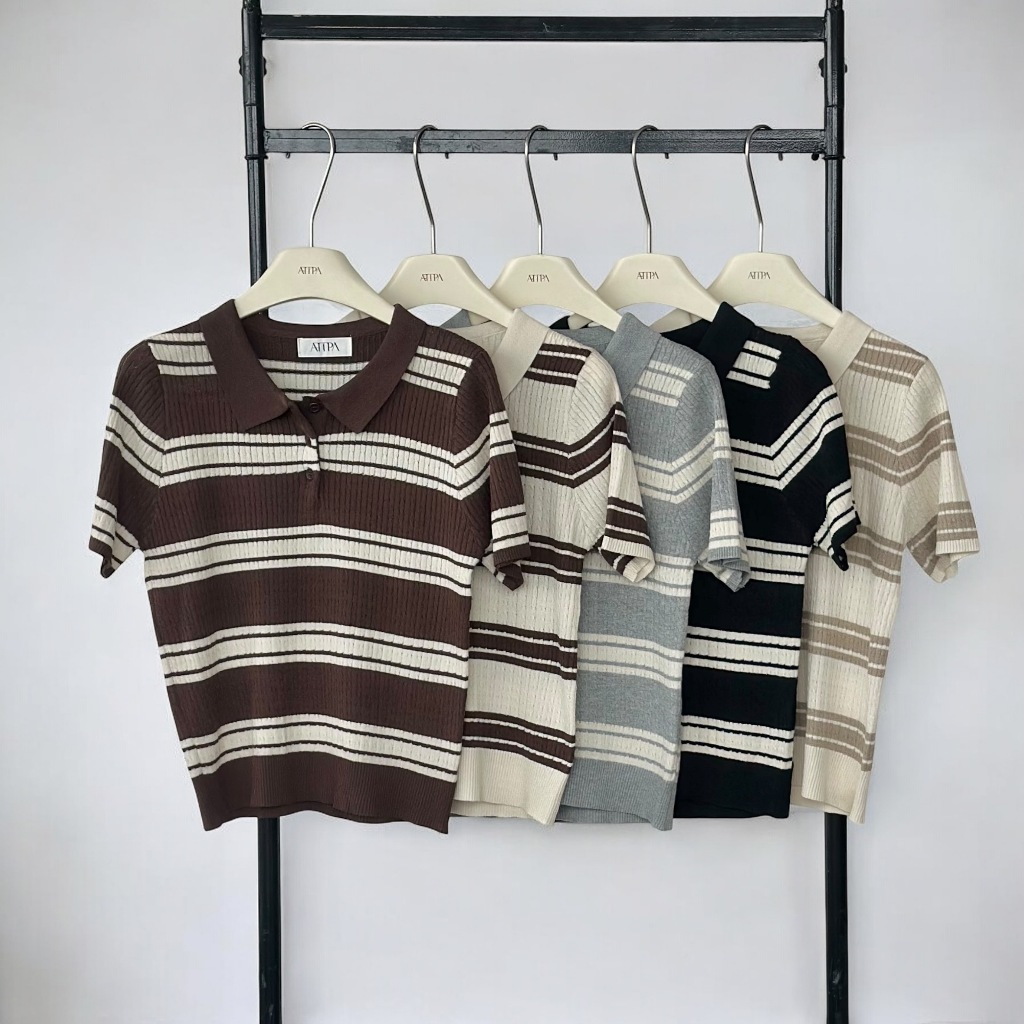 Atipashop - COLLEGE CRUSH KNIT TOP เสื้อโปโล คอปก แขนสั้น ผ้าไหมพรม ลายทาง ผ้ายื