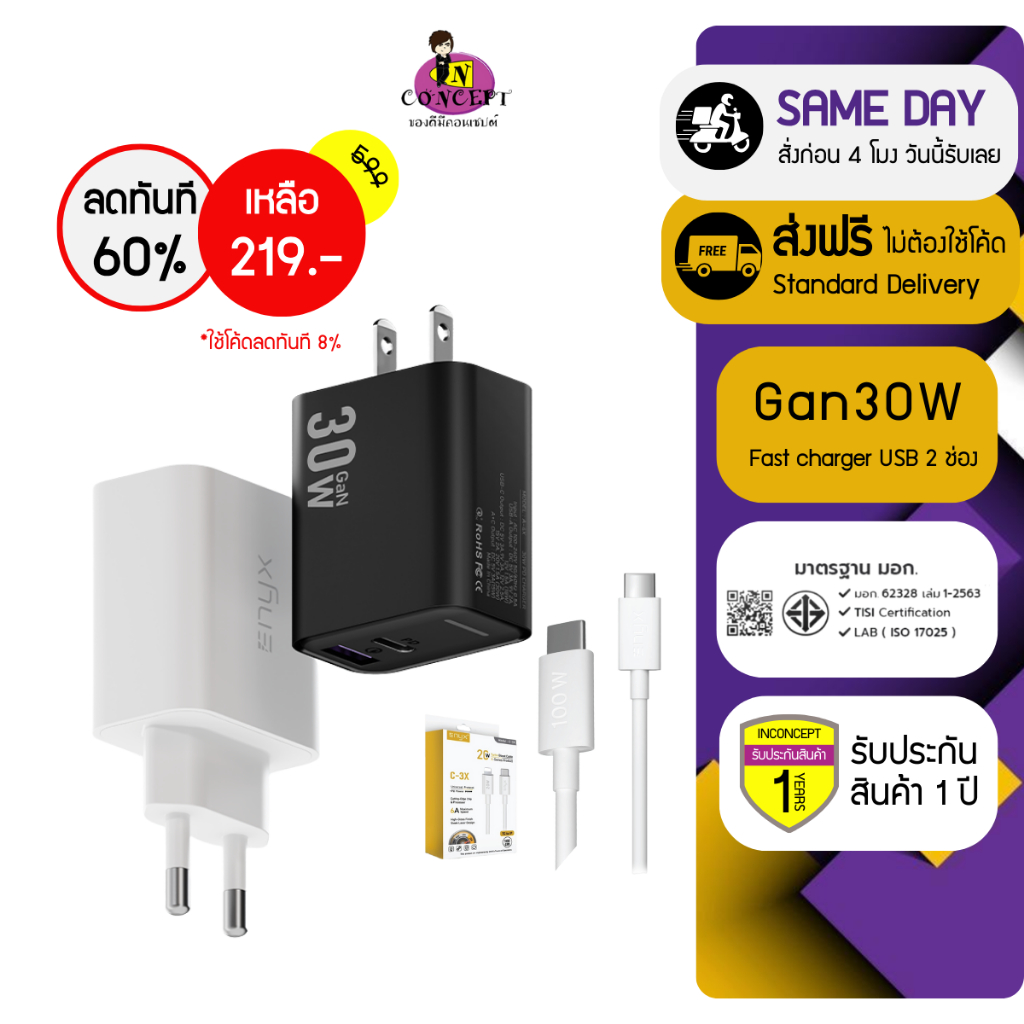 [ส่งฟรี ไม่ใช้โค้ด] หัวชาร์จ ENYX PD 30W GaN A4X ที่ชาร์จ USB C Fast Charger อะแดปเตอร์ชาร์จเร็วและส