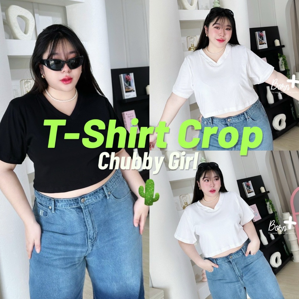 T-shirt Crop Chubby Girl 🍎🧤👀🧸👧🏻  เสื้อครอป แขนสั้น คอวี เนื้อผ้ายืดยูนิโคล ครอปสวยพอดีเป๊ะ ไม่สั้นสาวอวบ