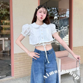 🔥aimorn_shop🔥เสื้อครอปแขนตุ๊กตา ครอปลูกไม้ คอบัว แต่งดกระดุมน่ารักๆ ชายเสื้อแต่งลูกไม้