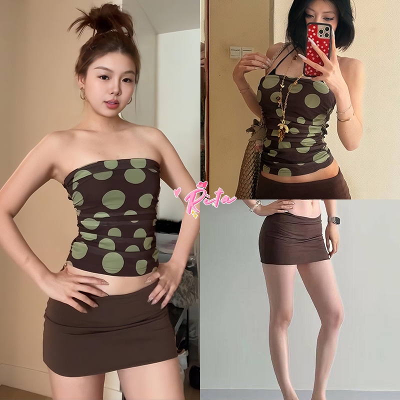 Rita พร้อมส่ง🍒 เสื้อครอปแขนกุด ลายจุด Polkadot ทรงรัดรูป ดีไซน์เก๋ ชุดไปทะเล เซ็กซี่แฟชั่น สีน้ำตาล