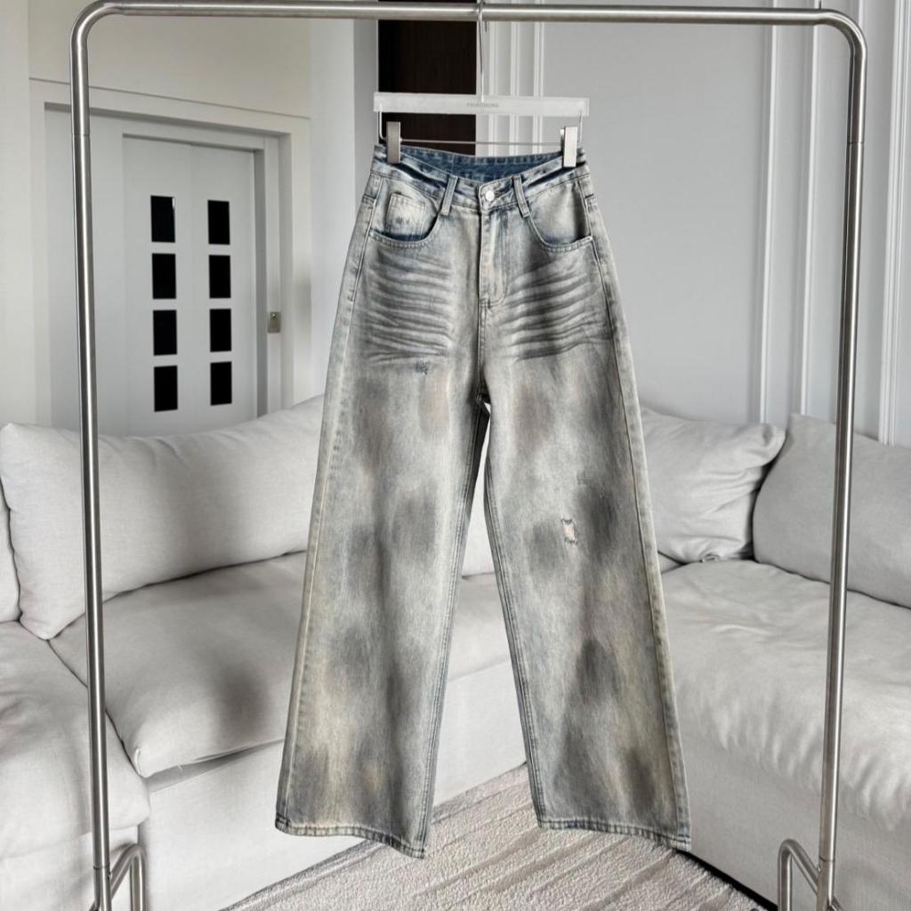 PTJ30217 Blue Dem Dirty Straight กางเกงยีนส์ขากระบอกกลางเอวสูงแต่งสี PROMTHONG