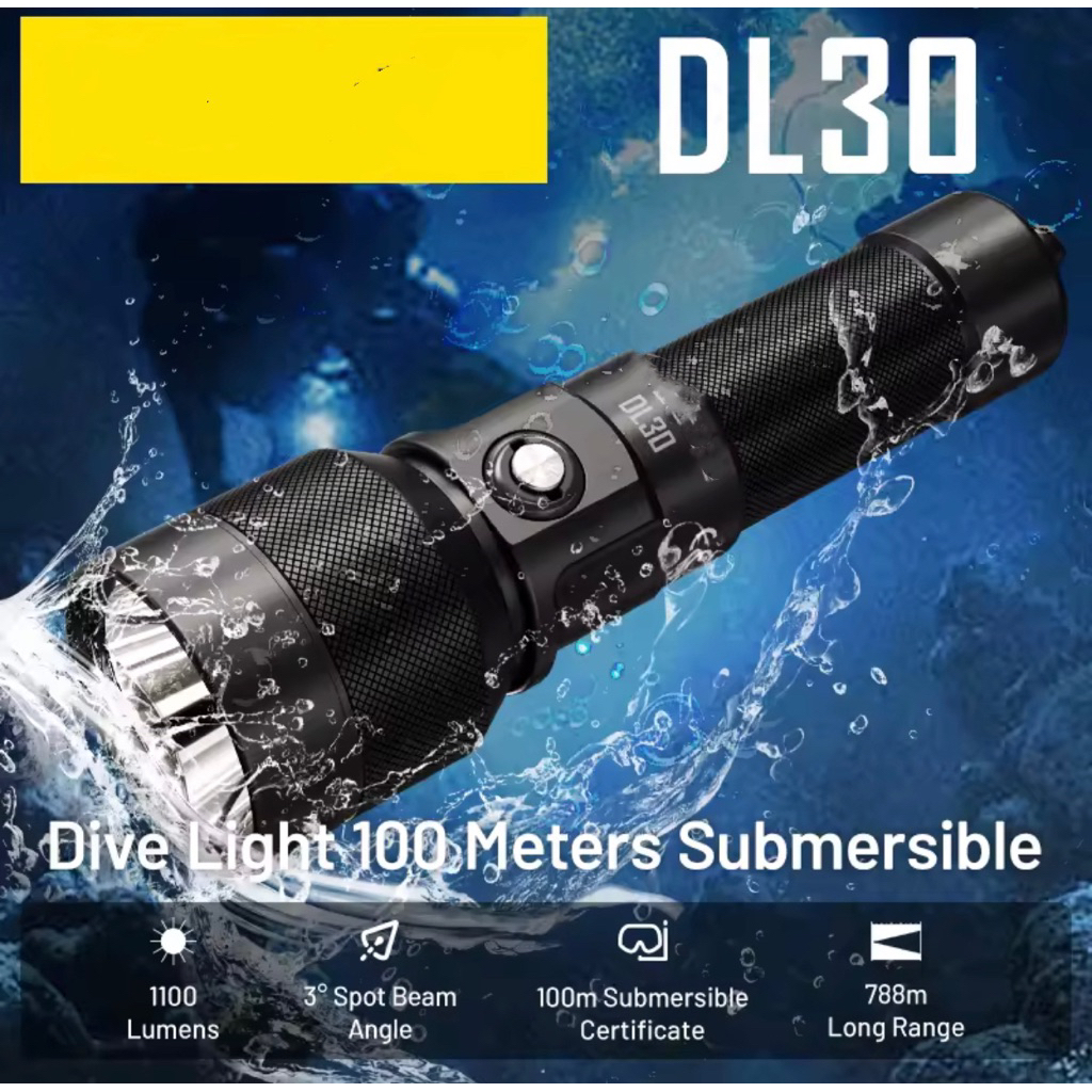 DL30 ไฟฉายดําน้ําสําหรับ 100 เมตร Submersible 788 M Long Range Spotlight พร้อม USB-C ชาร์จ 21700 Li-
