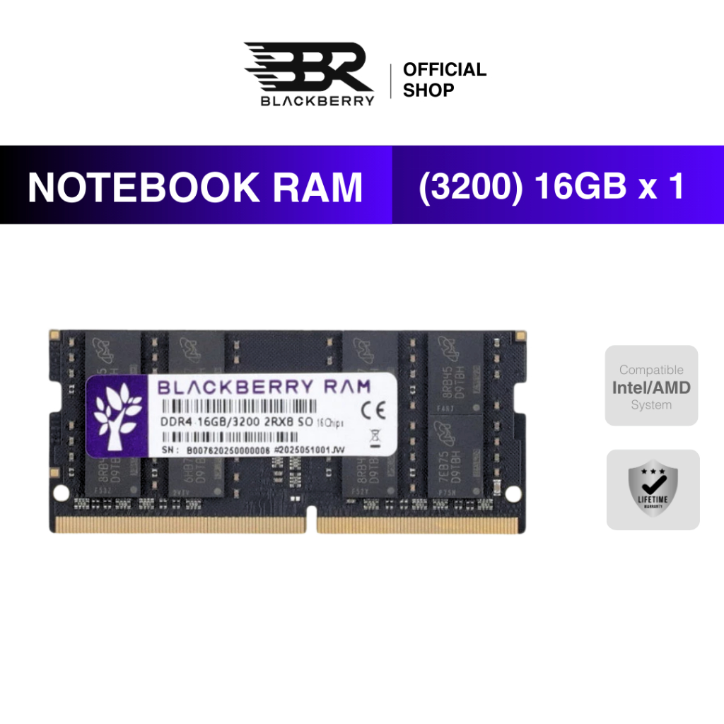 RAM Notebook DDR4 16GB 3200MHz Blackberry (BBR) 16 Chips รองรับโน๊ตบุ๊ค intel / AMD ประกัน Lifetime