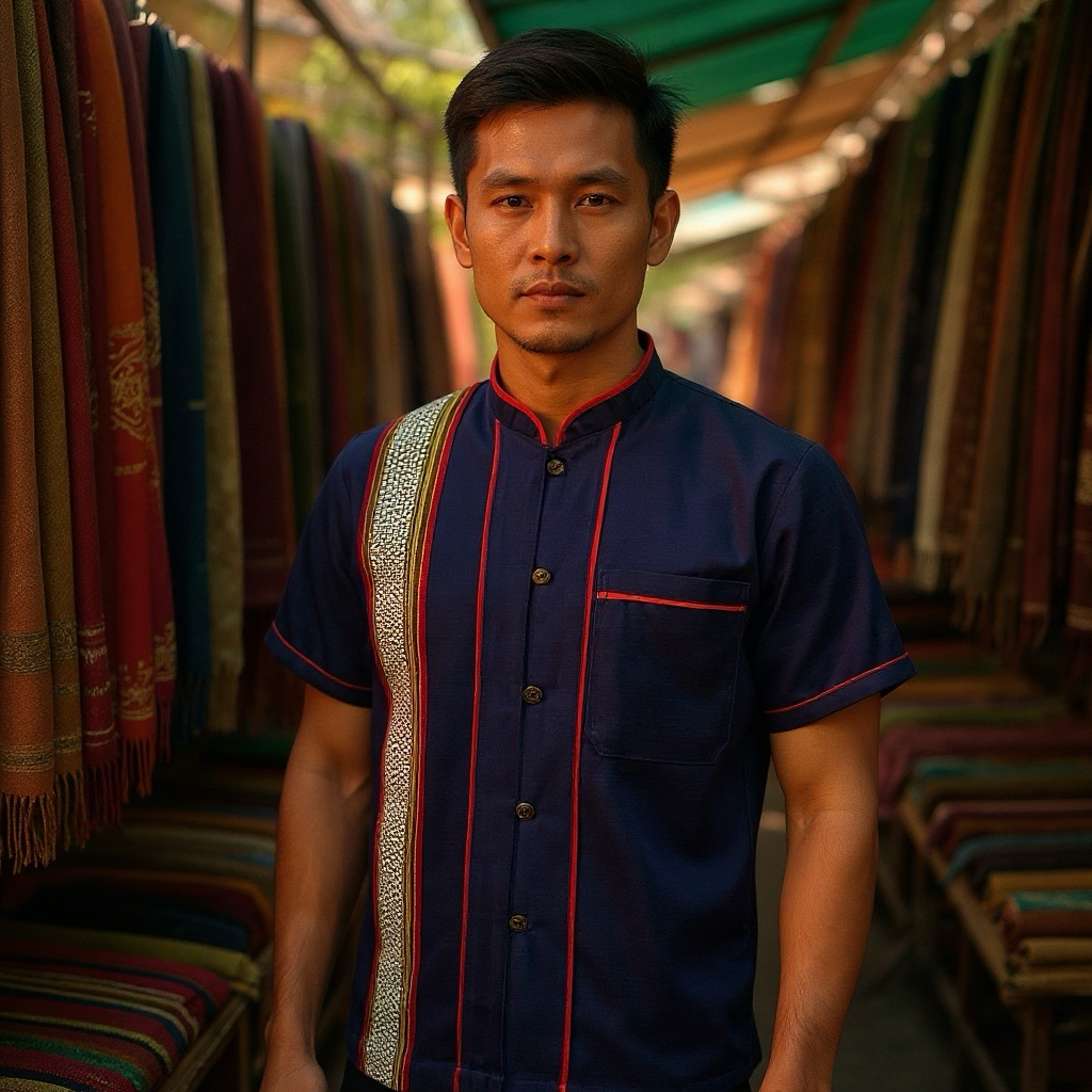 เสื้อผ้าฝ้ายชาย-สีกรม-แต่งผ้าทอมือ(ใหม่)