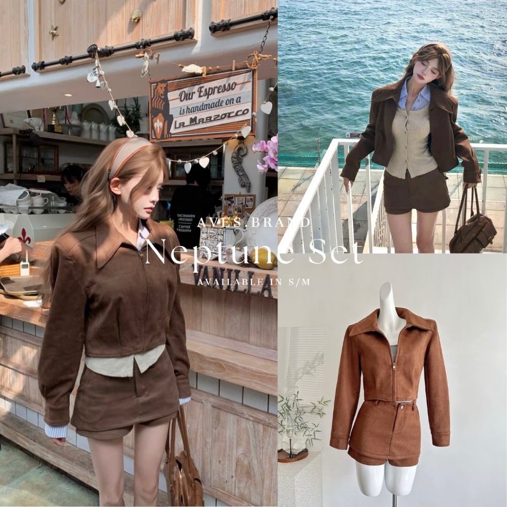 AVES.BRAND NEPTUNE SET ชุดเซ็ตแจ็ตเก็ต กระโปรงหนังกลับสีน้ำตาล