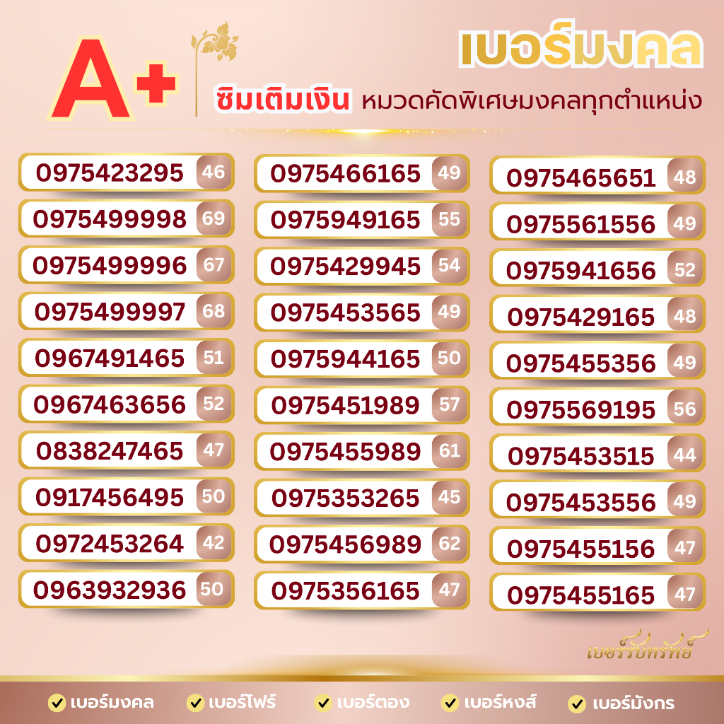 เบอร์มงคลคัดพิเศษ (ชุดที่4) เกรดA+ ระบบเติมเงิน เบอร์รับทรัพย์ เบอร์รับโชค ราคา ถูกที่สุด ดีลบีเคเค รูปภาพหลัก