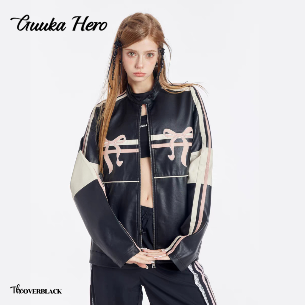[ของแท้] Guuka Hero เสื้อแจ๊คเก็ตหนัง สุดเท่ แจ๊คเก็ต โบว์ แขนยาว