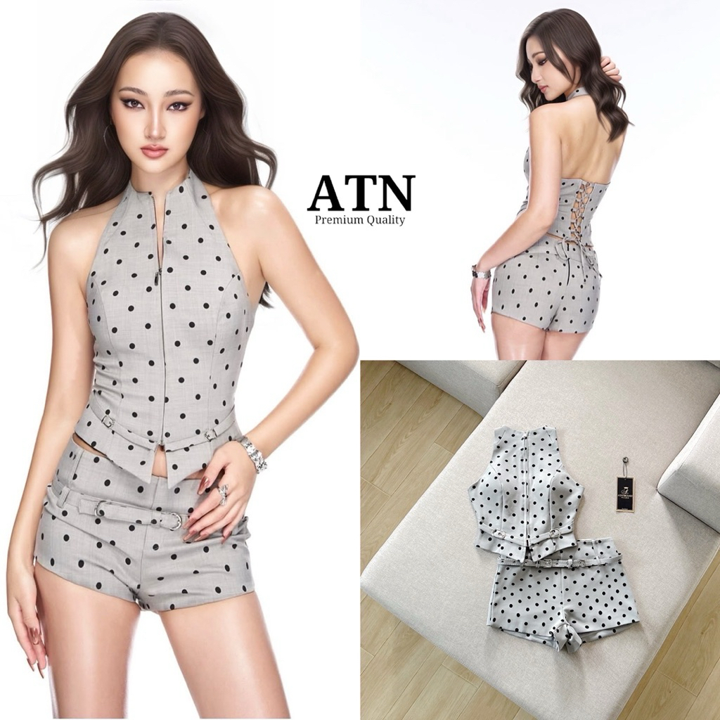 ATN BRAND ชุดset 3ชิ้น เสื้อลายจุด คอปิดซิปหน้า ด้านหลังแต่งเชือก