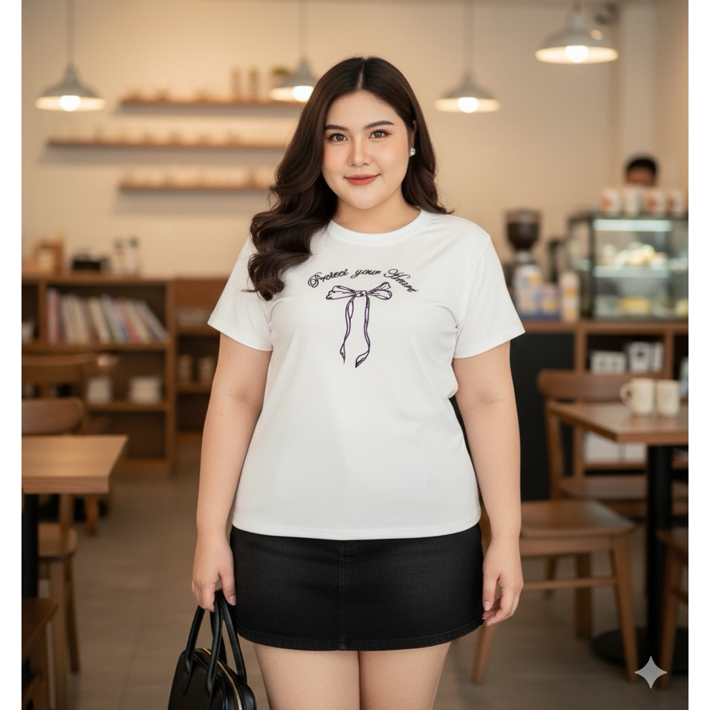 เสื้อยืดงานปักอกใหญ่ ลายโบว์น่ารักๆ ทรงสวยพรางหุ่น อก38-50