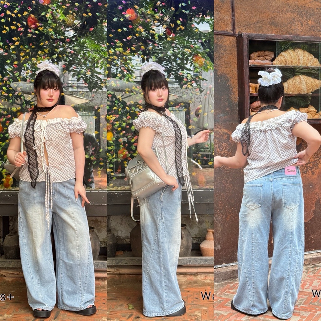 /WP/ กางเกงยีนส์สาวอวบ Baggy Jeans ป้ายwalarat แต่งตีเกร็ด ทรงขากว้าง สีฟอกสวย ผ้านุ่มใส่สบาย #กางเก