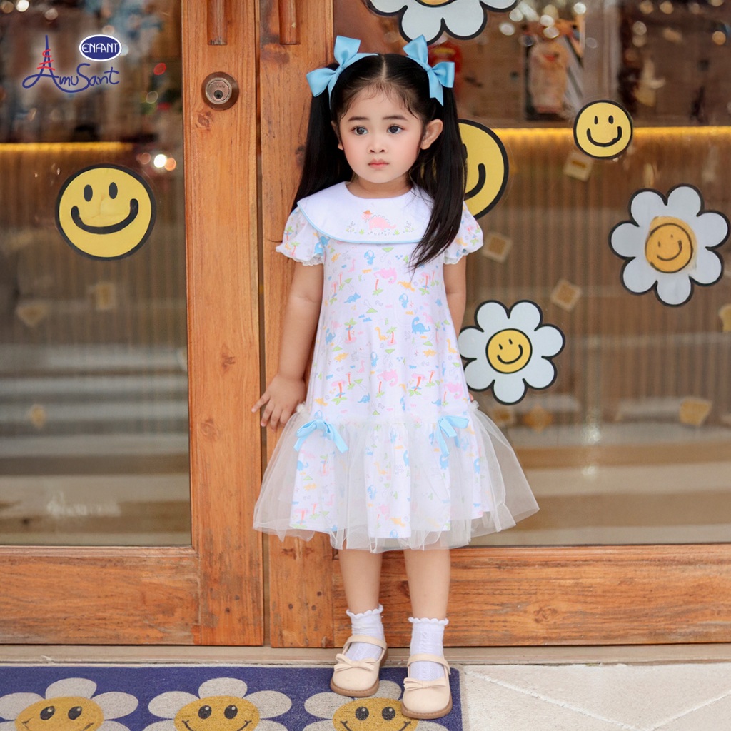 AMUSANT ชุดเดรสผ้ายืดCotton พิมพ์ลายไดโนเสาร์สีฟ้าเริ่ม6เดือน-8ขวบ รุ่นEH4K90