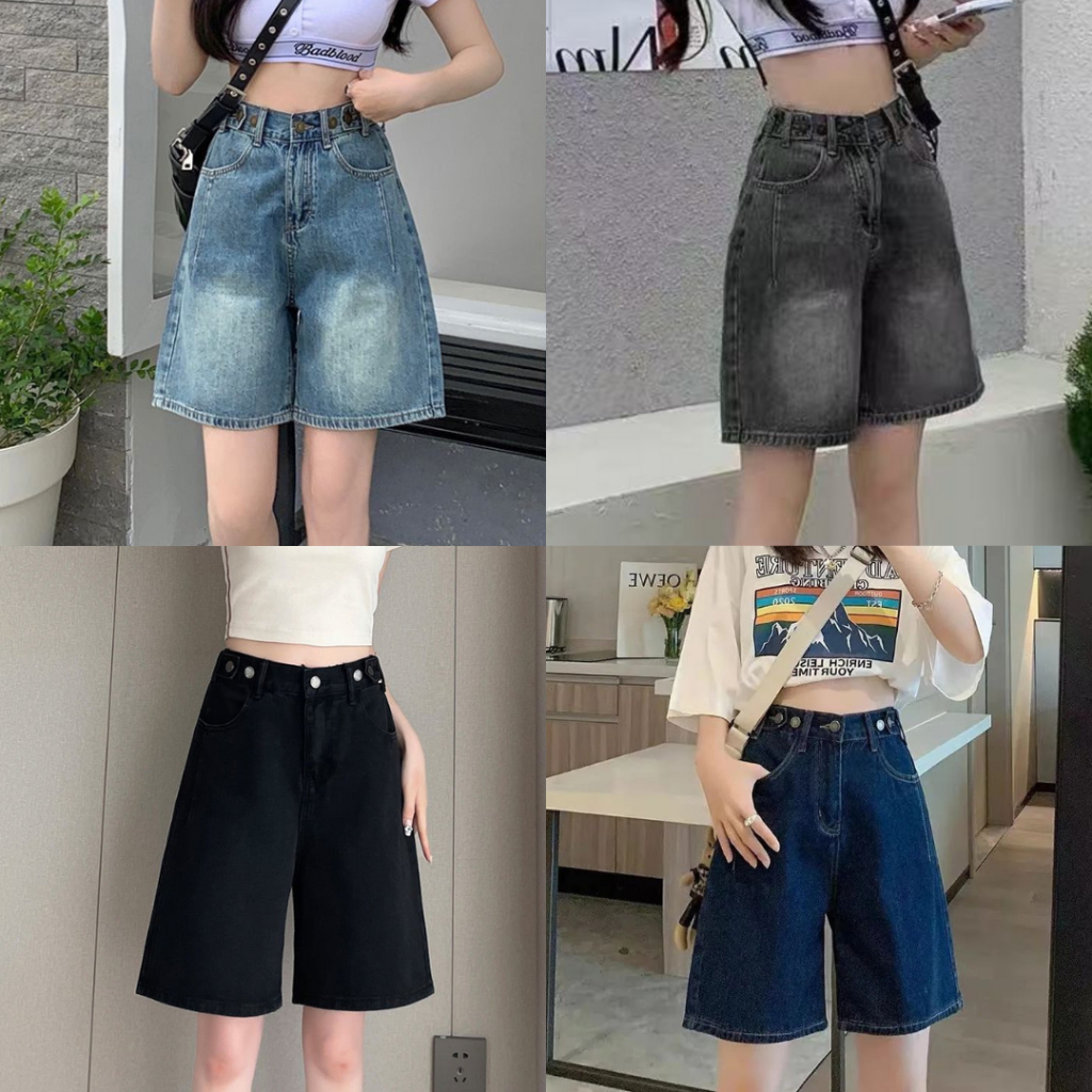 SIZE S-14XLกางเกงยีนส์ขากระบอก สามส่วน  เอวสม็อคปรับกระดุมได้