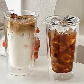 แก้วน้ำ ใส่เครื่องดื่ม ทรงสูง แก้วสองชั้น ใส่กาแฟ ลาเต้ สไตล์เกาหลี ทนความร้อน ใส่ได้ทั้งร้อนเย็น