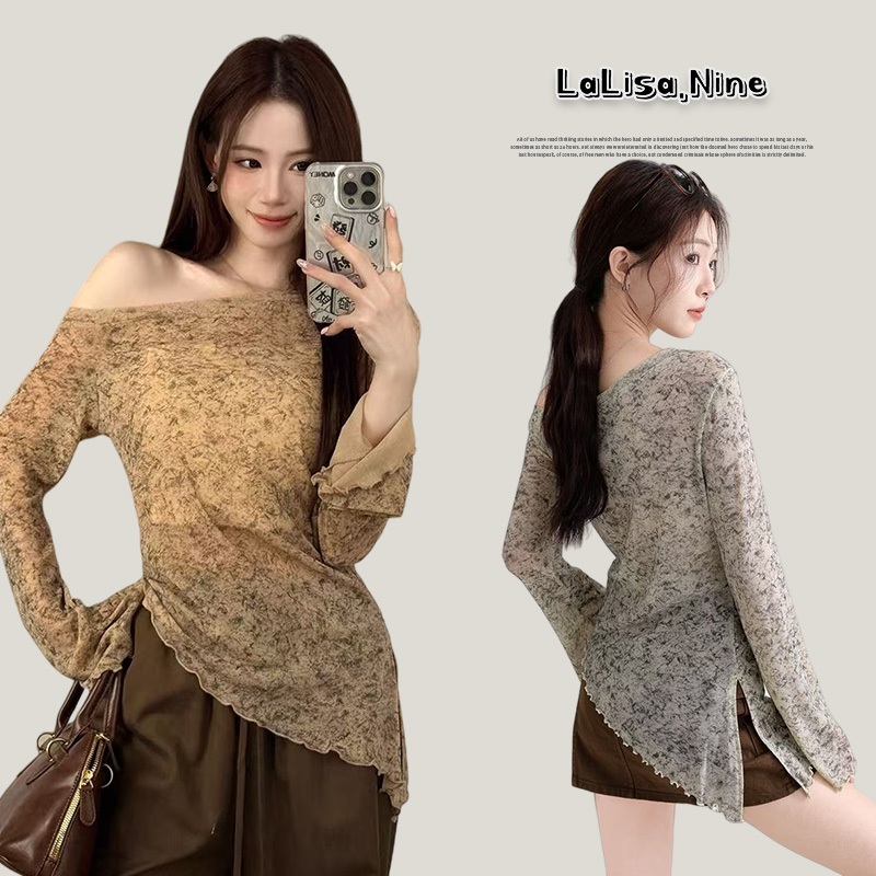 Lalisaพร้อมส่ง🍑เสื้อยืดผู้หญิง🍑เสื้อปาดไหล่แขนยาว เสื้อครอปรัดรูป แฟชั่นเกาหลี สไตล์ลำลอง สีมัดยอม ดีไซน์ปายเสื้อเฉียง