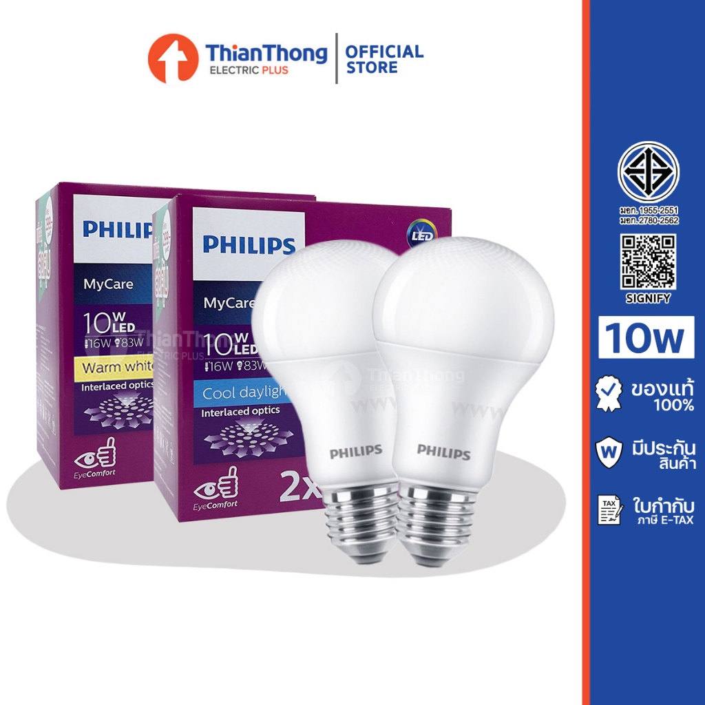 แพ็คคู่ สุดคุ้ม! Philips หลอดไฟฟิลิปส์ LED Bulb MyCare 10W (ราคาต่อ 2 ดวง)