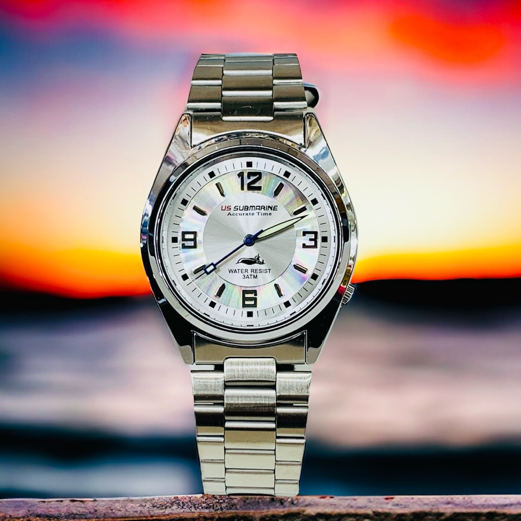 US Submarine นาฬิกาผู้ชาย J-035M สีเงิน กันน้ำ 100% หน้าปัดกว้าง 36mm ระบบควอตซ์ แฟชั่น นาฬิกาข้อมือ