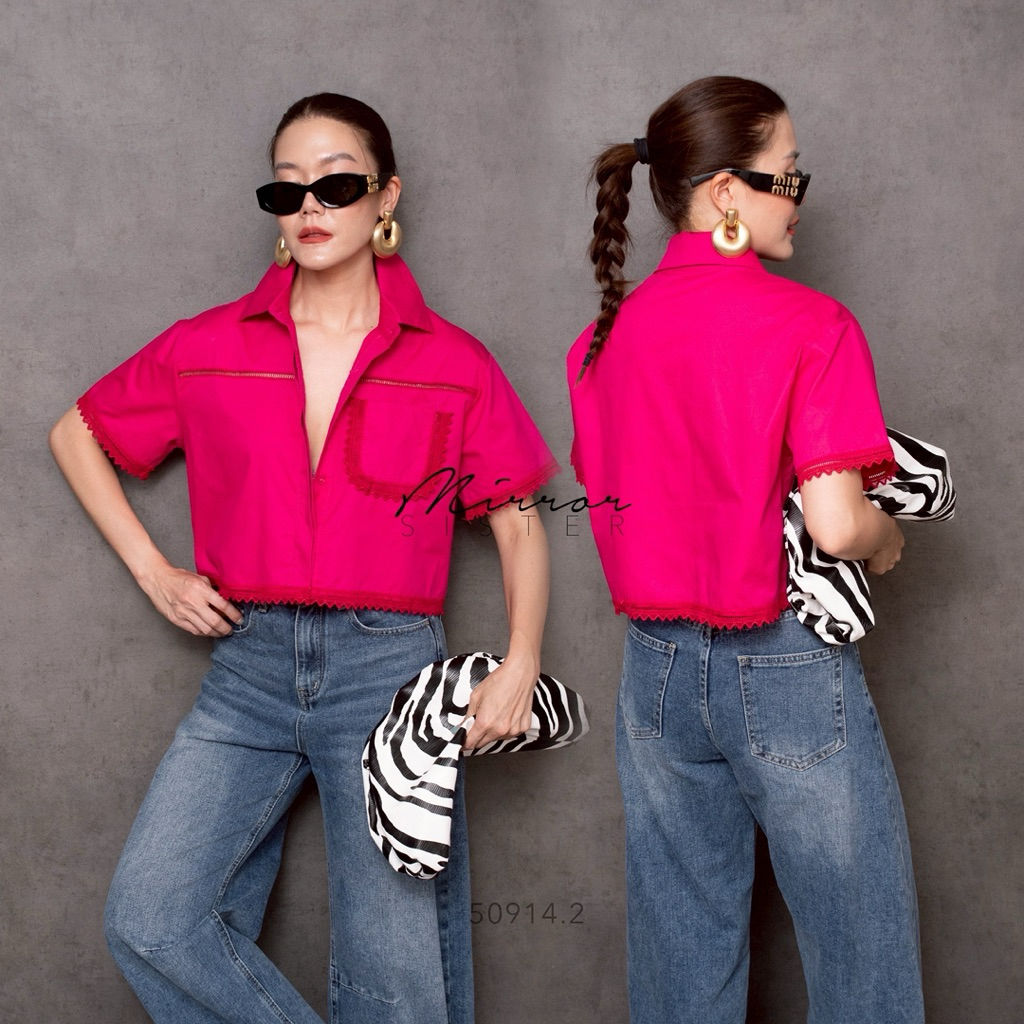 MirrorsisteR 50914.2 • เสื้อเชิ้ตครอปแขนสั้น ดีไซน์เก๋ด้วยการแต่งลูกไม้รอบชายเสื้อ - รูปที่ 7