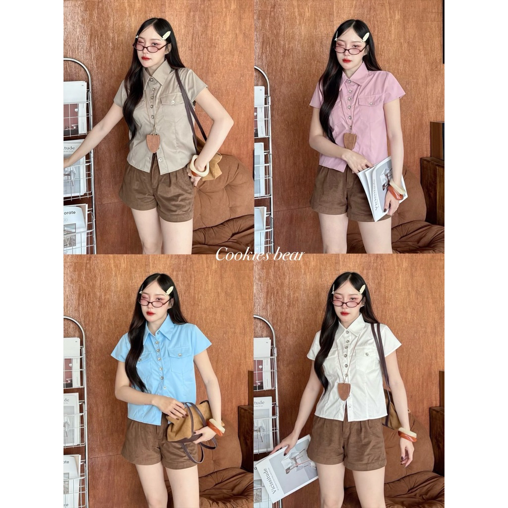 W12 - Cookies Bear 🍿 เสื้อเชิ้ตแขนสั้นผ้าคอตตอนทวิวเนื้อหนา กระเป๋าสองข้าง ทรงเข้าเอว